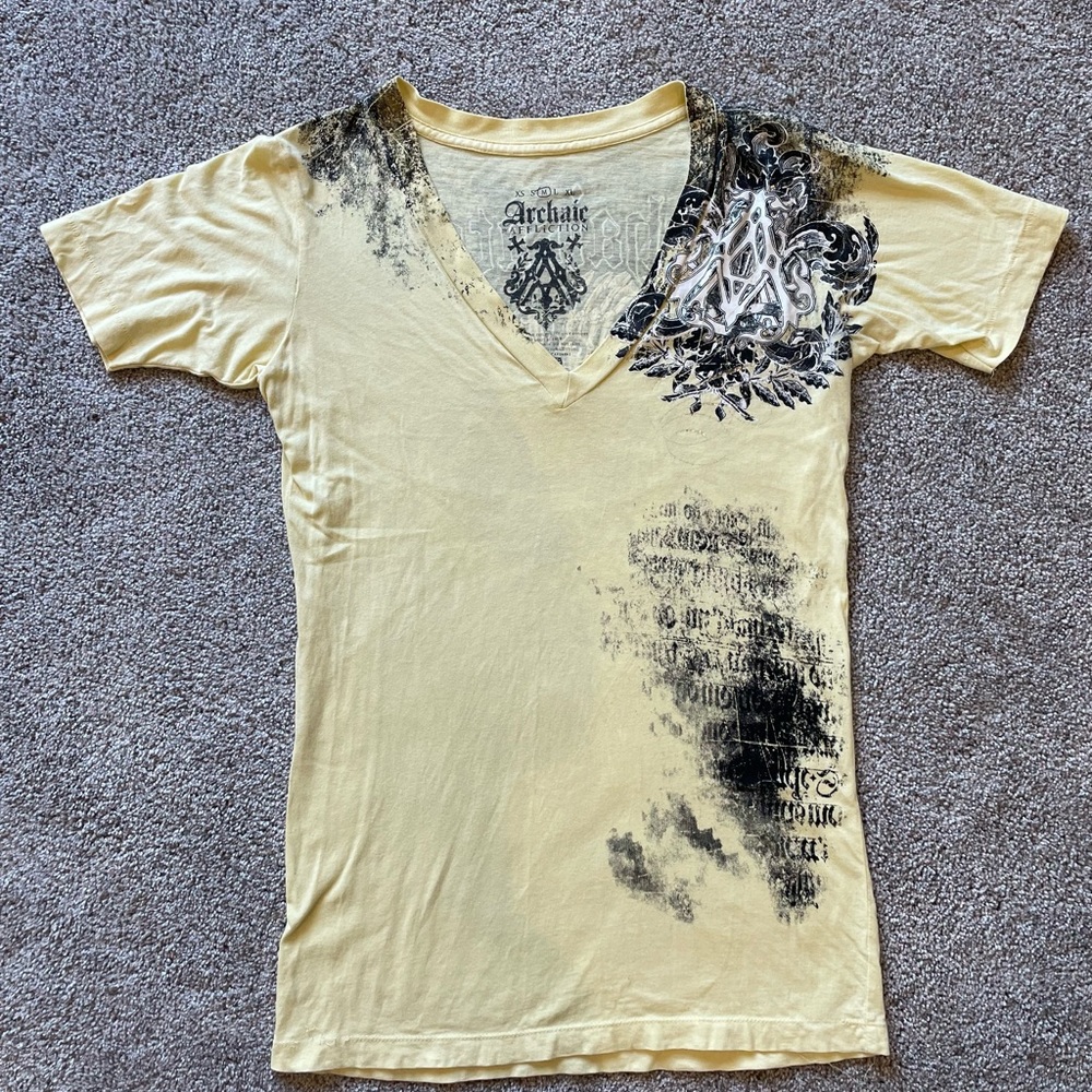 Archaic by Affliction Women's Yellow Graphic V-Neck Top- Size Medium